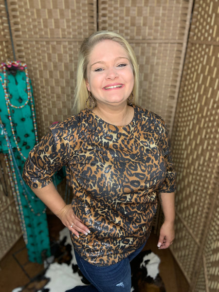 Leopard Sequin Short Sleeve Top