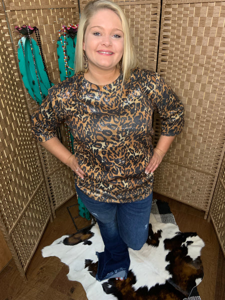 Leopard Sequin Short Sleeve Top