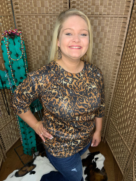 Leopard Sequin Short Sleeve Top