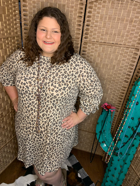 Plus Size Animal Print Balloon Sleeve Dress