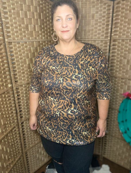 Leopard Sequin Short Sleeve Top