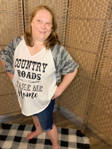 Short Ruffle Camp Sleeve Country Roads Take Me Home Shirt Plus Size