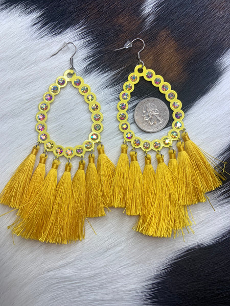 Tear drop hoop rhinestone tassel earrings mustard