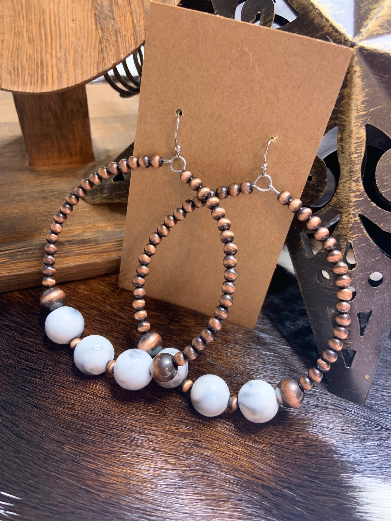 Copper Hoop Bead Earring with White Marble Beads