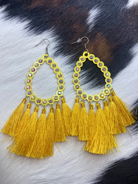 Tear drop hoop rhinestone tassel earrings mustard