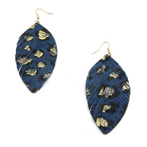 Blue and Gold Feather Fringe Leather Earrings