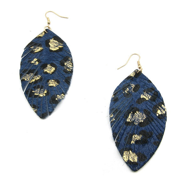 Blue and Gold Feather Fringe Leather Earrings