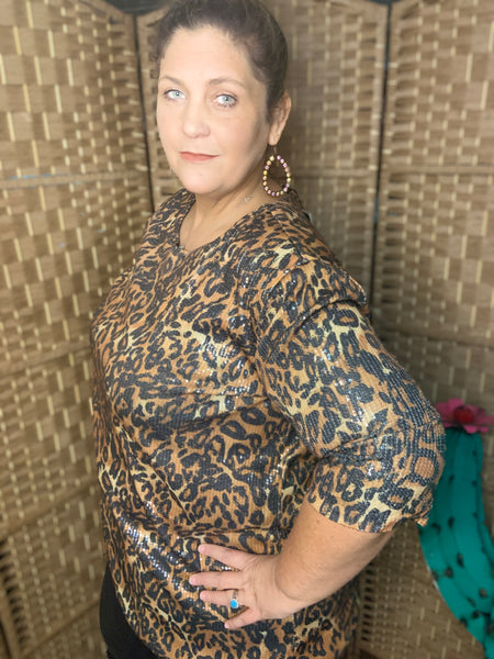 Leopard Sequin Short Sleeve Top