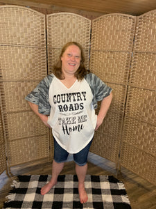 Short Ruffle Camp Sleeve Country Roads Take Me Home Shirt Plus Size