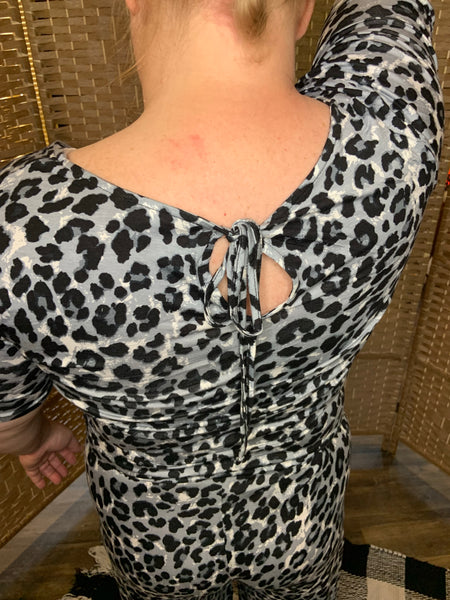 Grey Leopard Print Short Sleeve Jumpsuit With Pockets