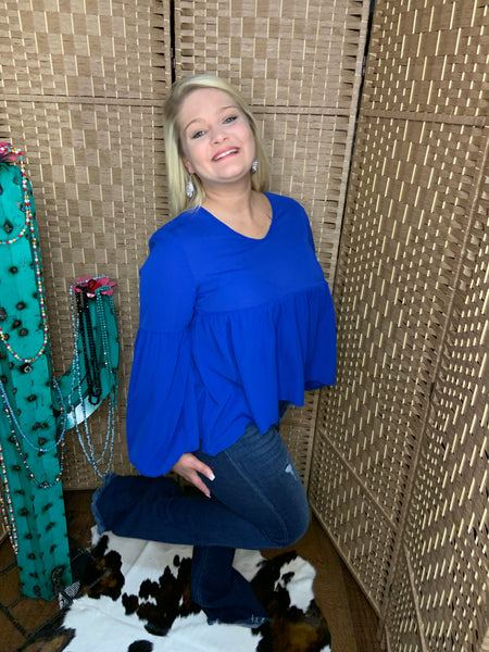 Scoop Neck Loose Peplum Solid Top Royal Blue