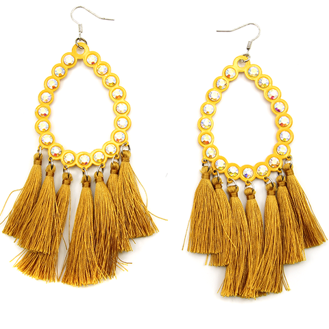 Tear drop hoop rhinestone tassel earrings mustard