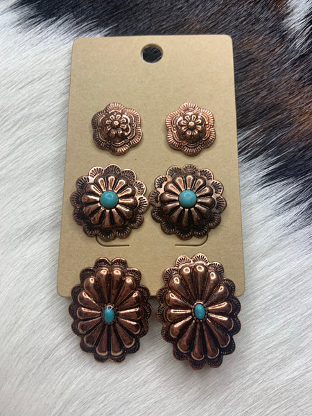 3 Three piece set copper concho studs with turquoise earrings