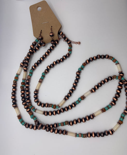 Navajo western bead copper turquoise necklace and earrings