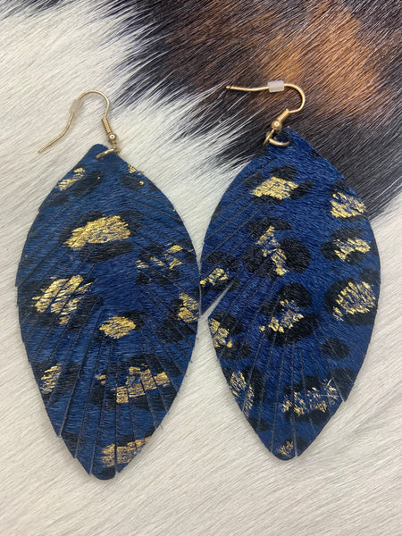 Blue and Gold Feather Fringe Leather Earrings